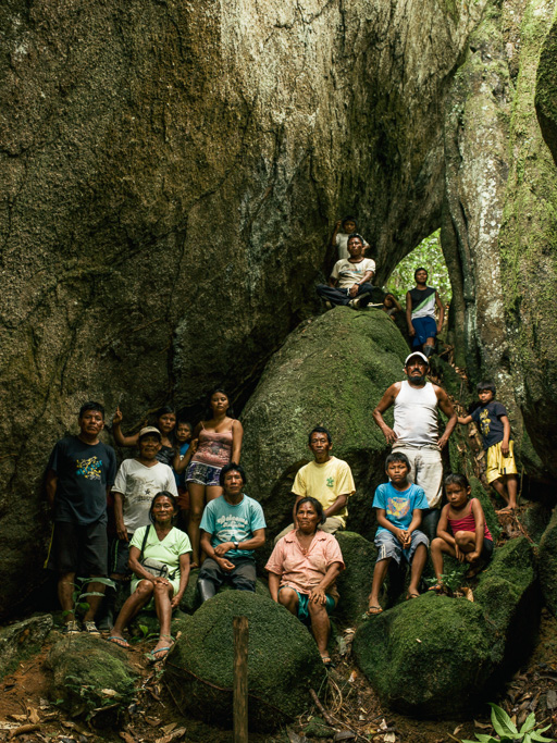 Photo Left, a group of indigenous Makuna villagers stand in the Rocas del Tigre rock formation, Vaupés. Middle, Arturo Rodriguez indigenous tribal shaman, or 