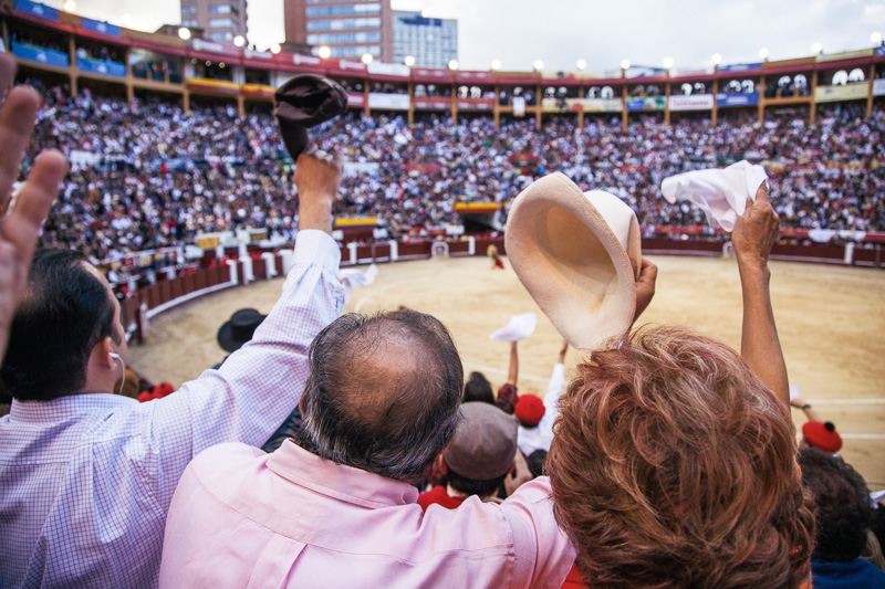 Photo A model pauses at the end of the runway during a show in Colombia Fashion Week and crowds cheer at a bullfight in the Plaza de Toros, Bogotá. 